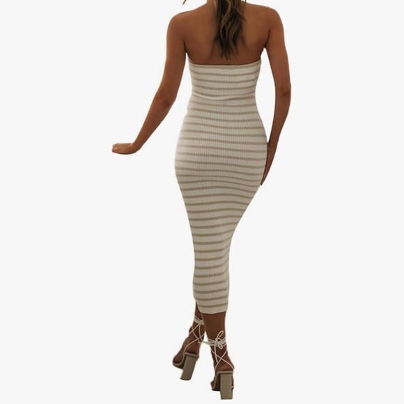 Chic Knit Strapless maxi dress with keyhole | striped white + tan | Small | NWT - Picture 5 of 8